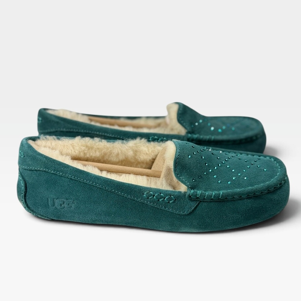 UGG Ansley Crystal Diamond Moccasins Womens 11 Emerald Green Suede Swarovski NEW